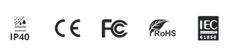 Selos de certificação: IP40, CE, FCC, RoHS, IEC 61850