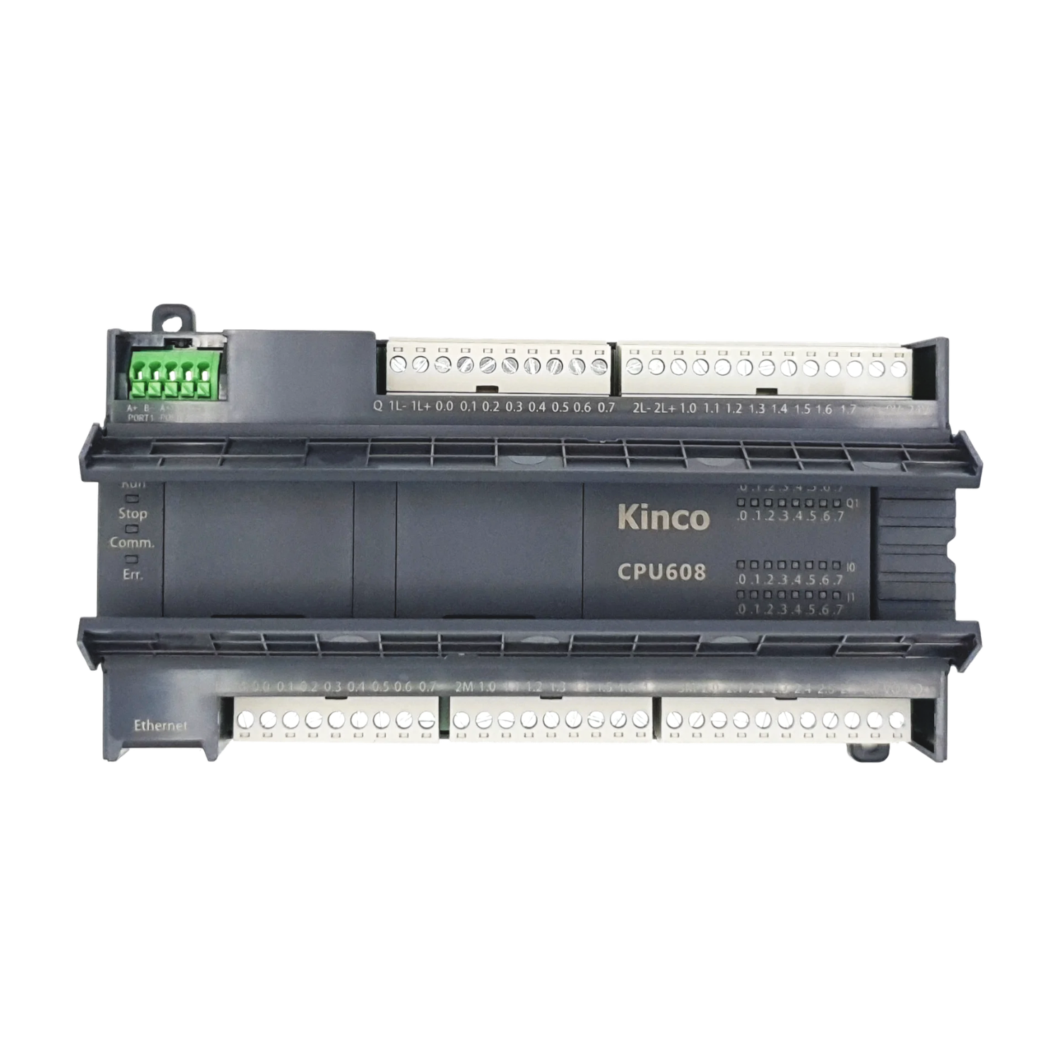 Controlador Lógico Programável K608-40DT com 24 entradas digitais 24VDC, 16 saídas a transistor, duas portas RS485 e interface Ethernet, suporte a 14 módulos de expansão