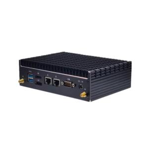 Mini PC industrial fanless Core i7-8565U com 16GB RAM e SSD NVMe 1TB, dual LAN e múltiplas portas para automação e controle.