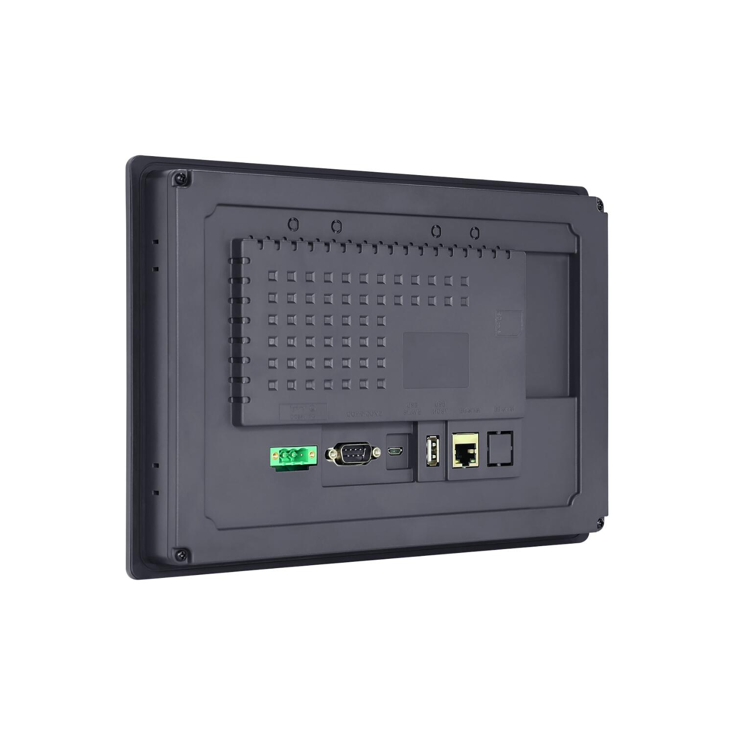 IHM industrial GL100 com tela TFT 10,1 polegadas, resolução 1024x600px, 16,77 milhões de cores, proteção IP65, alimentação 24VDC e interfaces RS232, RS422, RS485 e armazenamento USB