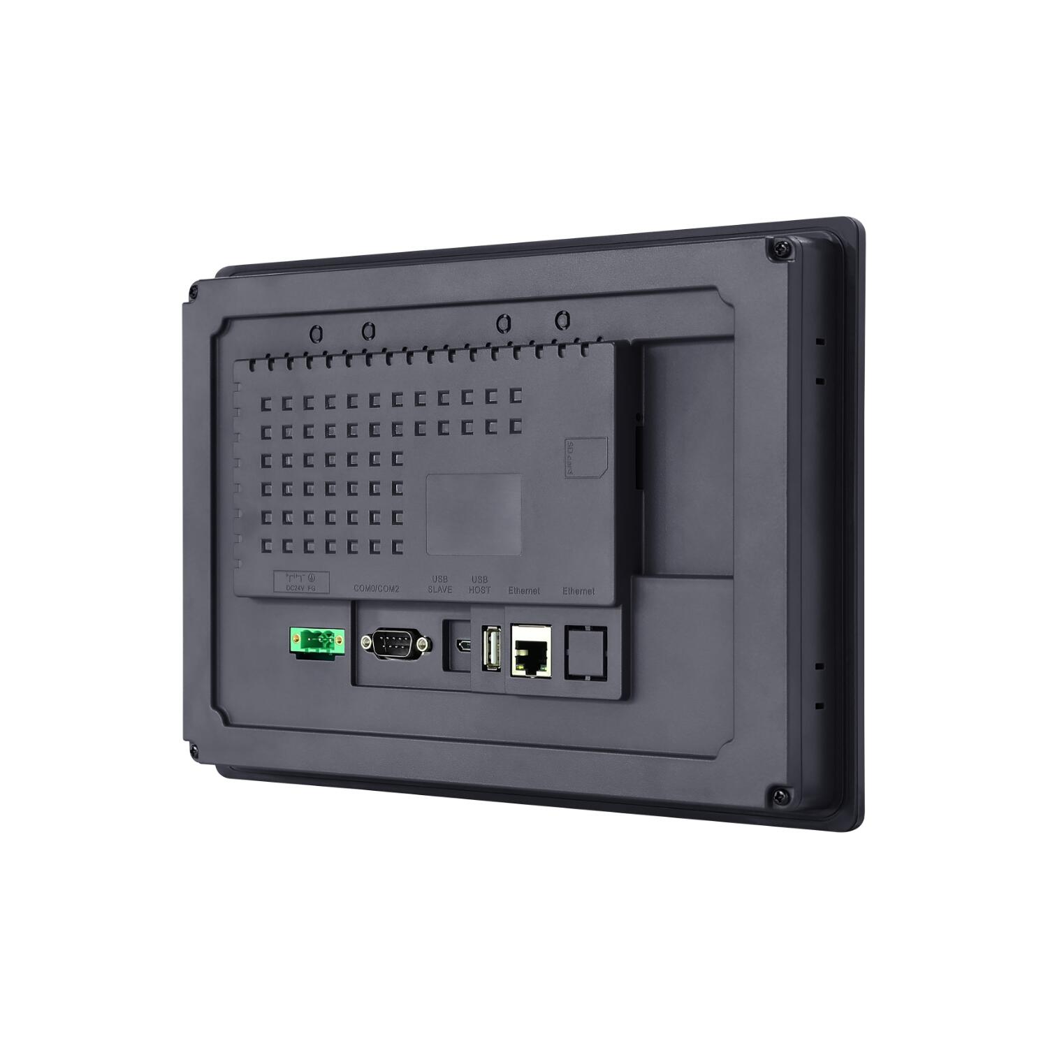 IHM industrial GL100 com tela TFT 10,1 polegadas, resolução 1024x600px, 16,77 milhões de cores, proteção IP65, alimentação 24VDC e interfaces RS232, RS422, RS485 e armazenamento USB