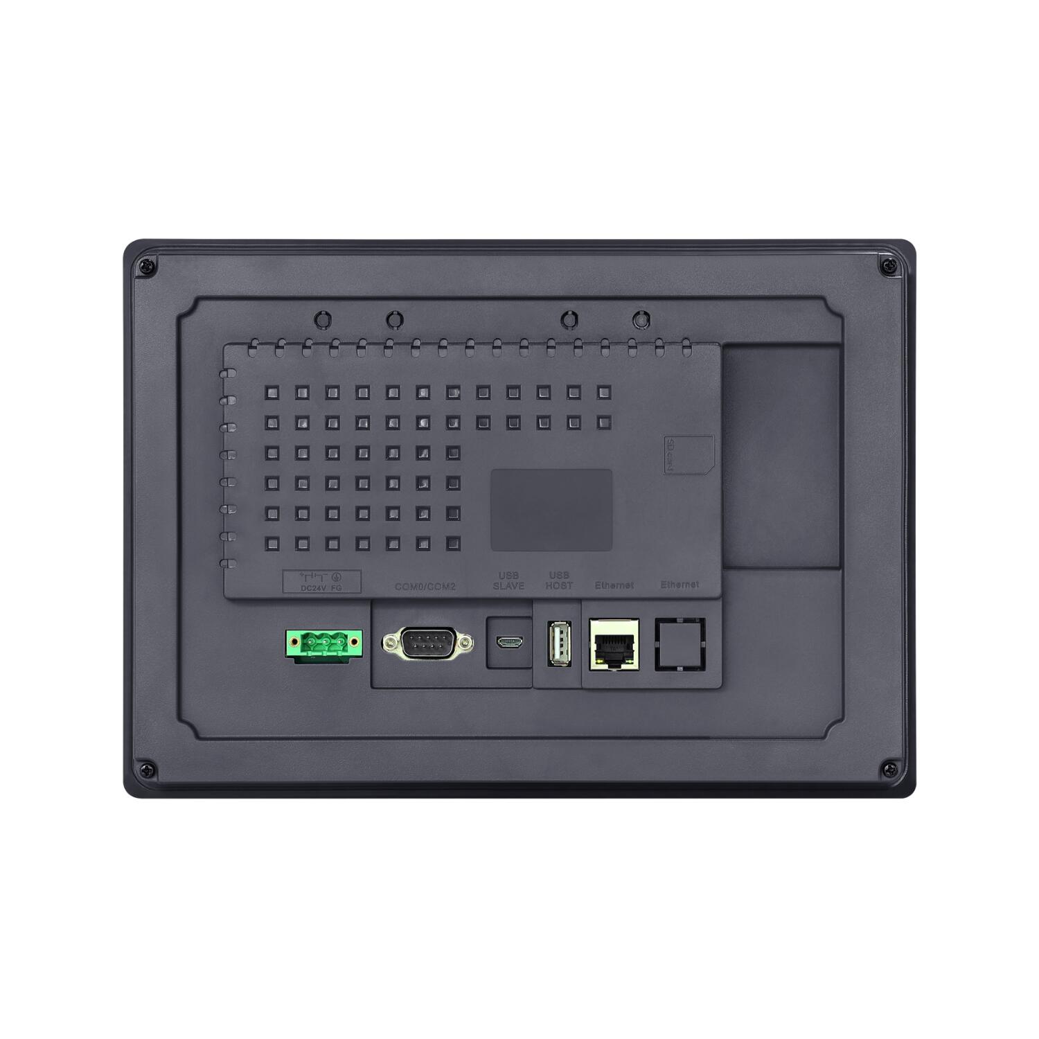 IHM industrial GL100 com tela TFT 10,1 polegadas, resolução 1024x600px, 16,77 milhões de cores, proteção IP65, alimentação 24VDC e interfaces RS232, RS422, RS485 e armazenamento USB