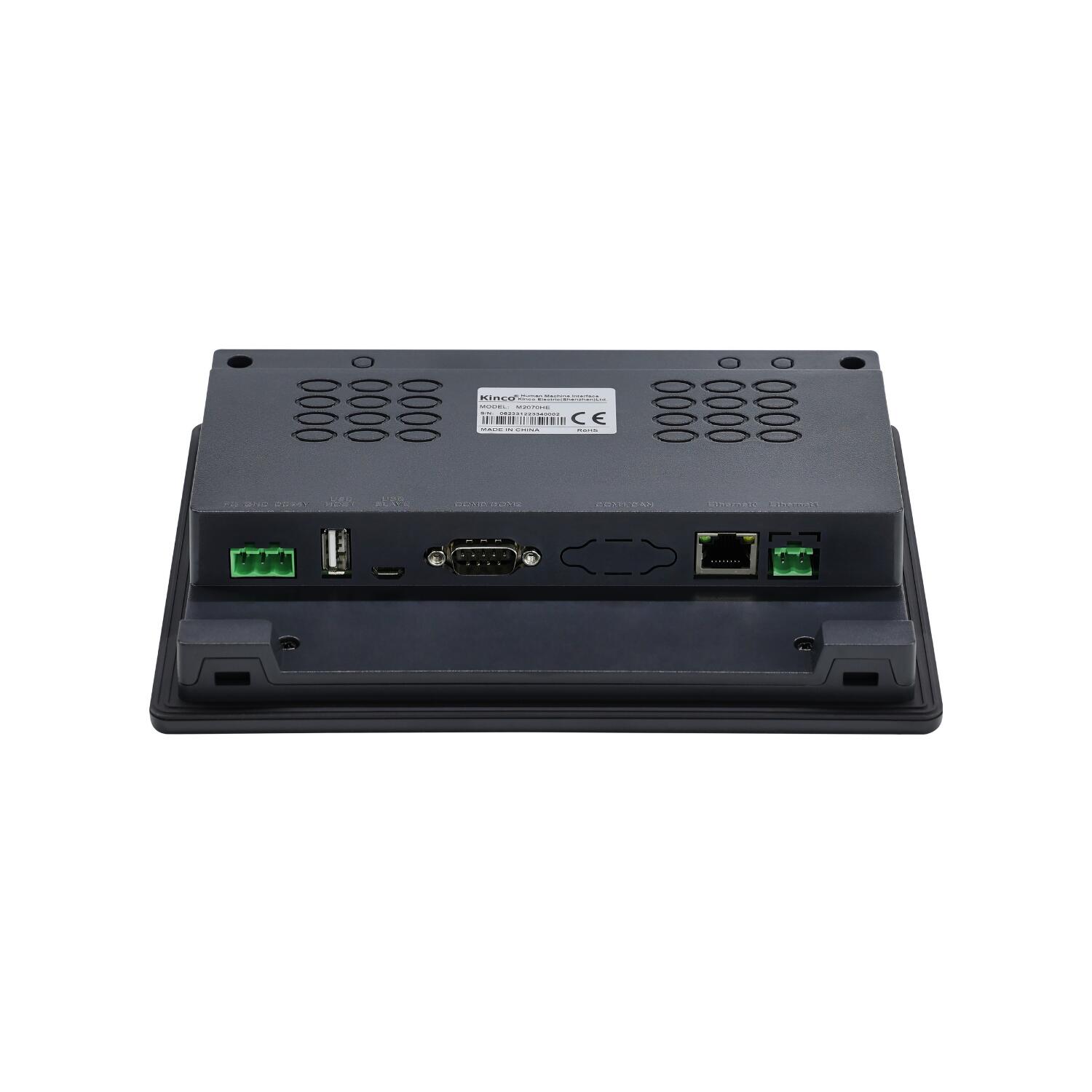 IHM industrial M2070HE com tela TFT 7 polegadas, resolução 1024x600px, 16,77 milhões de cores, proteção IP65, alimentação 24VDC, Ethernet 10/100 Mbps e interfaces RS232, RS422, RS485