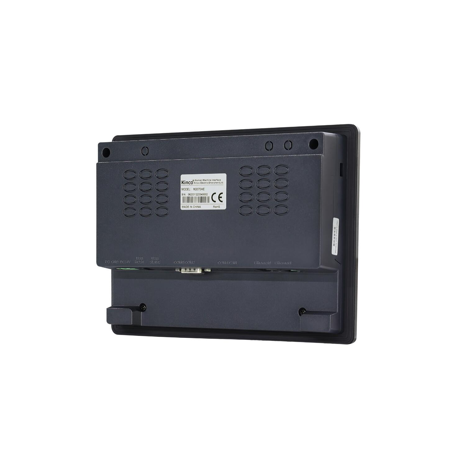 IHM industrial M2070HE com tela TFT 7 polegadas, resolução 1024x600px, 16,77 milhões de cores, proteção IP65, alimentação 24VDC, Ethernet 10/100 Mbps e interfaces RS232, RS422, RS485
