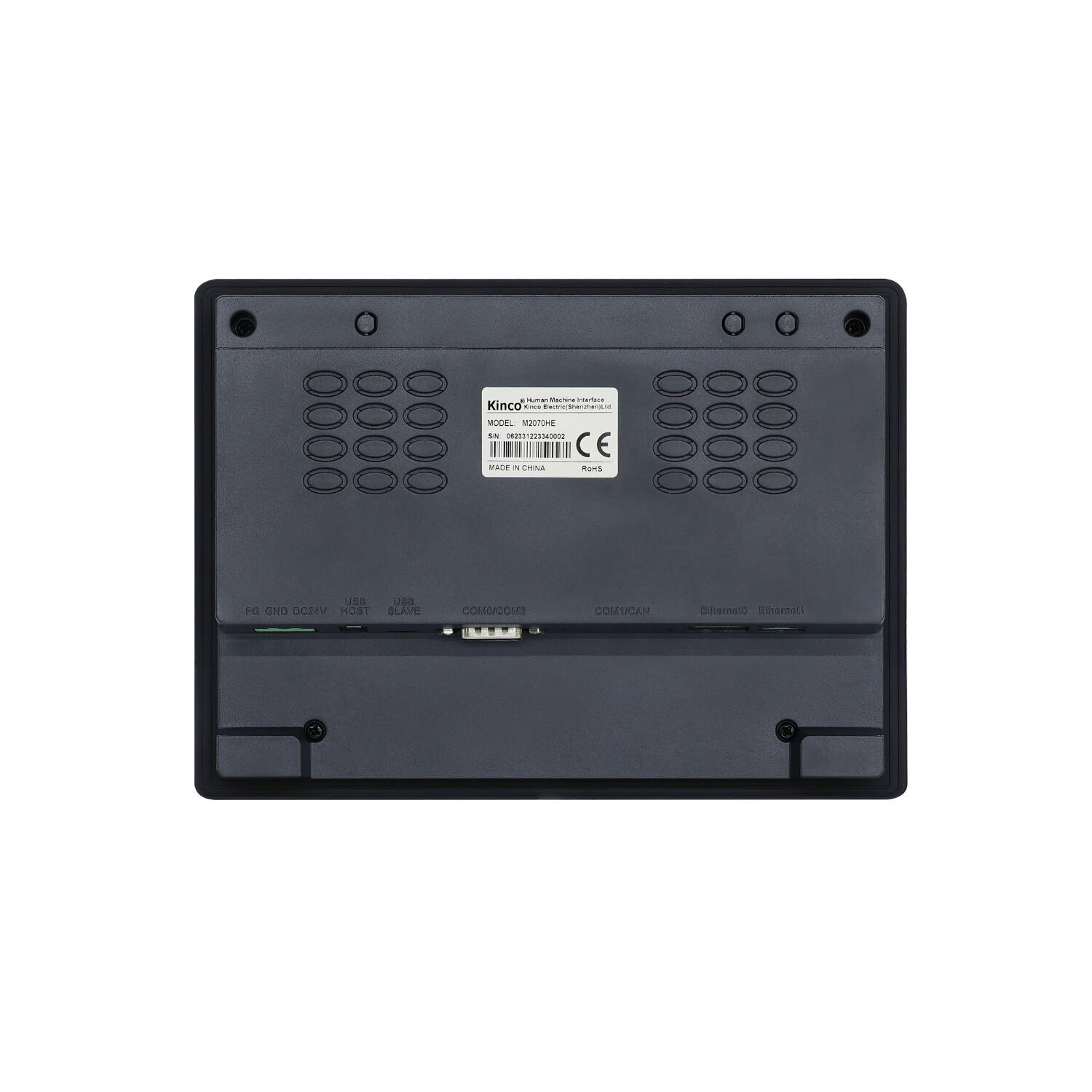IHM industrial M2070HE com tela TFT 7 polegadas, resolução 1024x600px, 16,77 milhões de cores, proteção IP65, alimentação 24VDC, Ethernet 10/100 Mbps e interfaces RS232, RS422, RS485