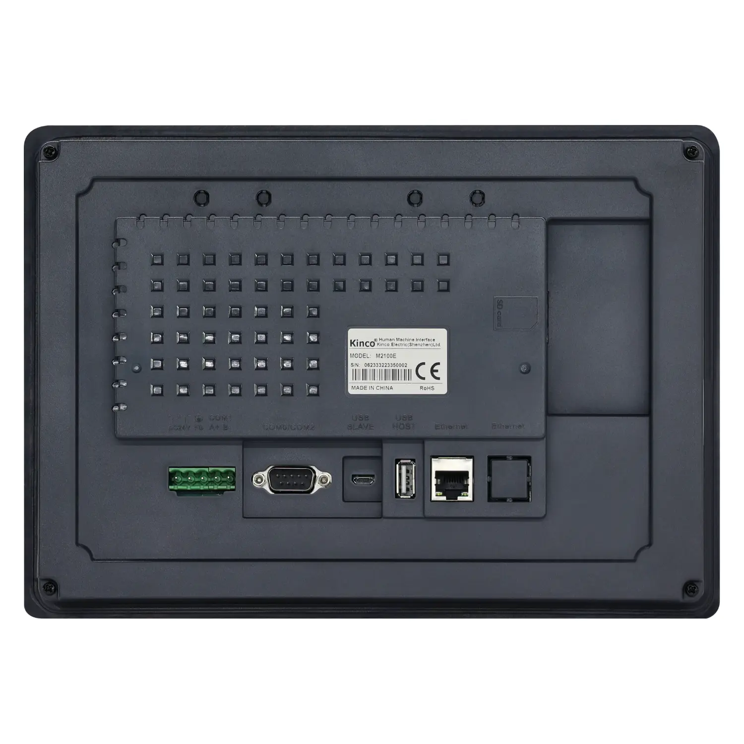 IHM industrial M2100E com tela TFT 10,1 polegadas, resolução 1024x600px, proteção IP65, alimentação 24VDC e interfaces RS232, RS422, RS485 e Ethernet