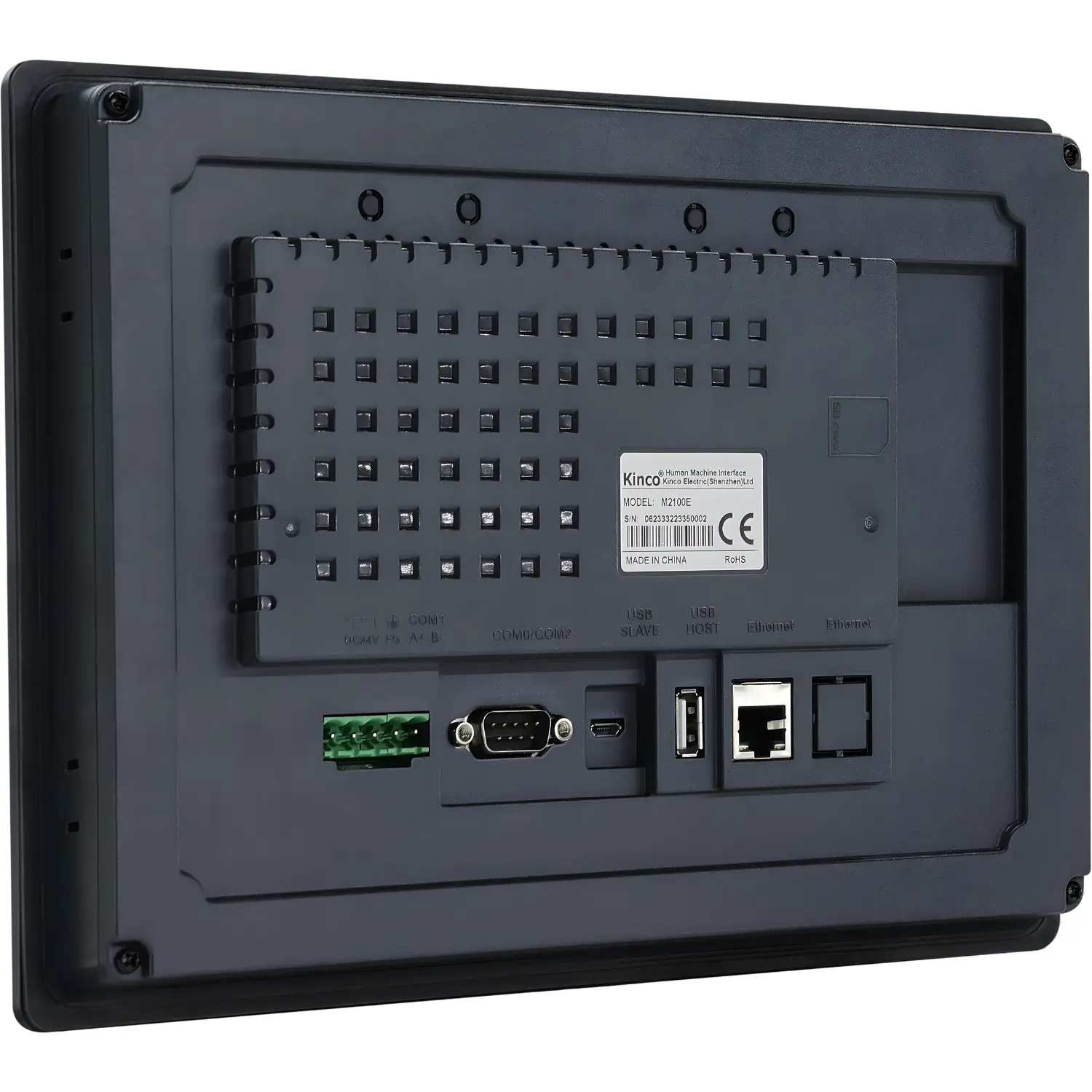 IHM industrial M2100E com tela TFT 10,1 polegadas, resolução 1024x600px, proteção IP65, alimentação 24VDC e interfaces RS232, RS422, RS485 e Ethernet