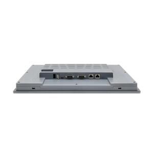 IHM industrial G2150E2 com tela TFT resistiva 15 polegadas, resolução 1024x768px, 16,77 milhões de cores, brilho 350 cd/m², contraste 2500:1, CPU 1,5GHz, 4GB eMMC, 512MB RAM, proteção IP65, dual Ethernet e interfaces RS232, RS422, RS485