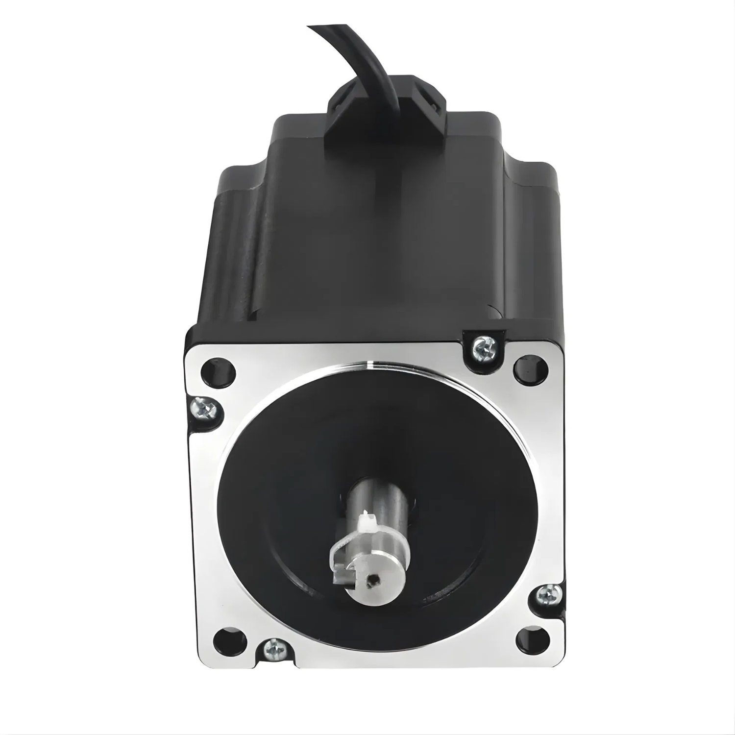 Motor de passo NEMA34 86AM100 com torque 10Nm, corrente de fase 6,0A, ângulo de passo 1,8°, flange 86mm, eixo 14mm, comprimento 128mm, peso 4,1kg, resistência 0,75Ω, indutância 5,3mH e proteção IP40