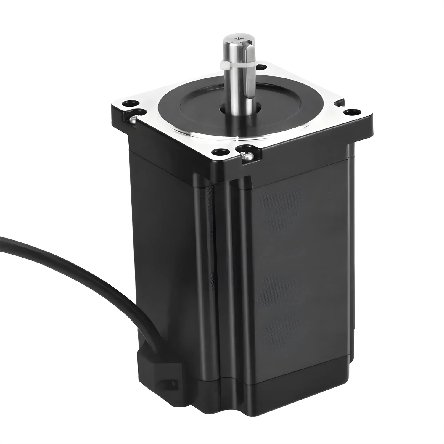 Motor de passo NEMA34 86AM100 com torque 10Nm, corrente de fase 6,0A, ângulo de passo 1,8°, flange 86mm, eixo 14mm, comprimento 128mm, peso 4,1kg, resistência 0,75Ω, indutância 5,3mH e proteção IP40