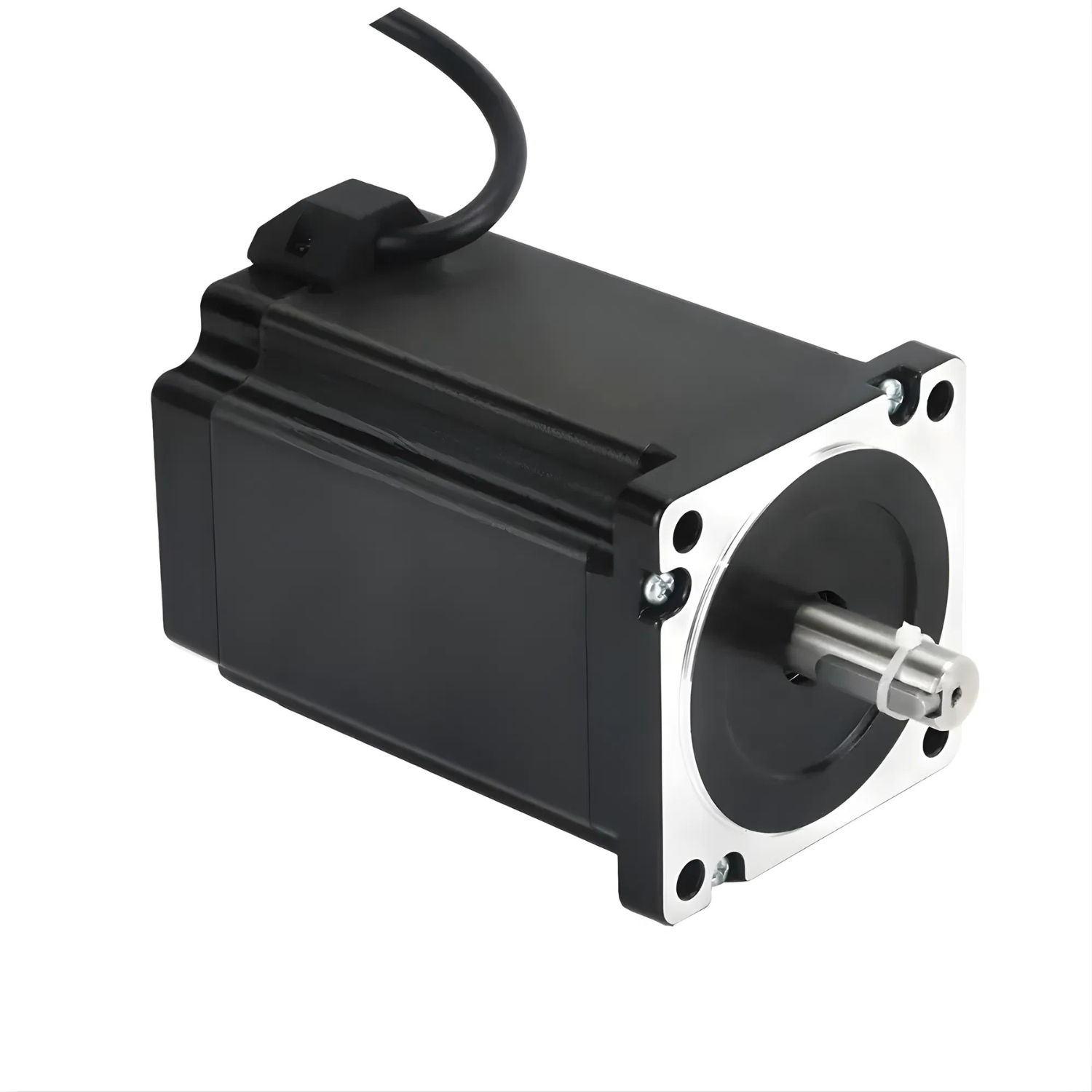 Motor de passo NEMA34 86AM100 com torque 10Nm, corrente de fase 6,0A, ângulo de passo 1,8°, flange 86mm, eixo 14mm, comprimento 128mm, peso 4,1kg, resistência 0,75Ω, indutância 5,3mH e proteção IP40