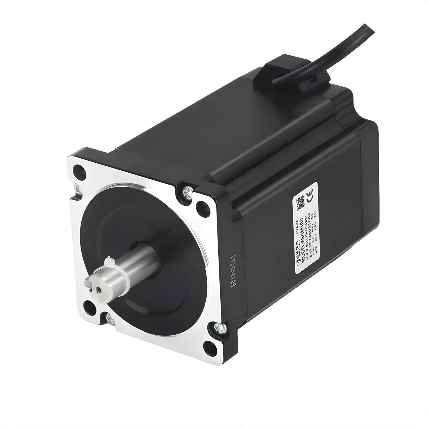 Motor de passo NEMA34 86AM100 com torque 10Nm, corrente de fase 6,0A, ângulo de passo 1,8°, flange 86mm, eixo 14mm, comprimento 128mm, peso 4,1kg, resistência 0,75Ω, indutância 5,3mH e proteção IP40