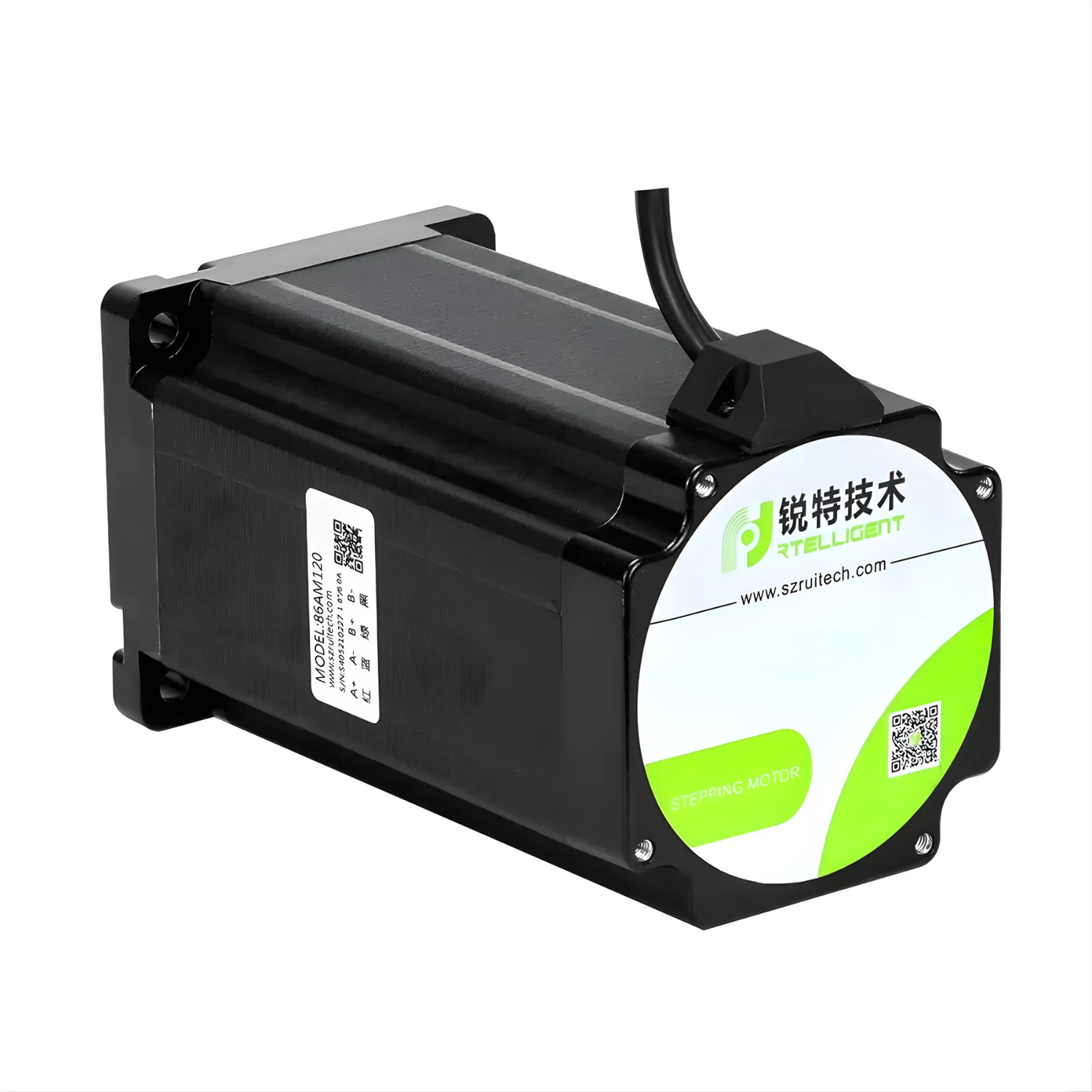 Motor de passo NEMA34 86AM120-14 com torque 12Nm, corrente de fase 6,0A, ângulo de passo 1,8°, flange 86mm, eixo 14mm, comprimento 155mm, peso 5,1kg, resistência 1,6Ω, indutância 8,3mH e proteção IP40