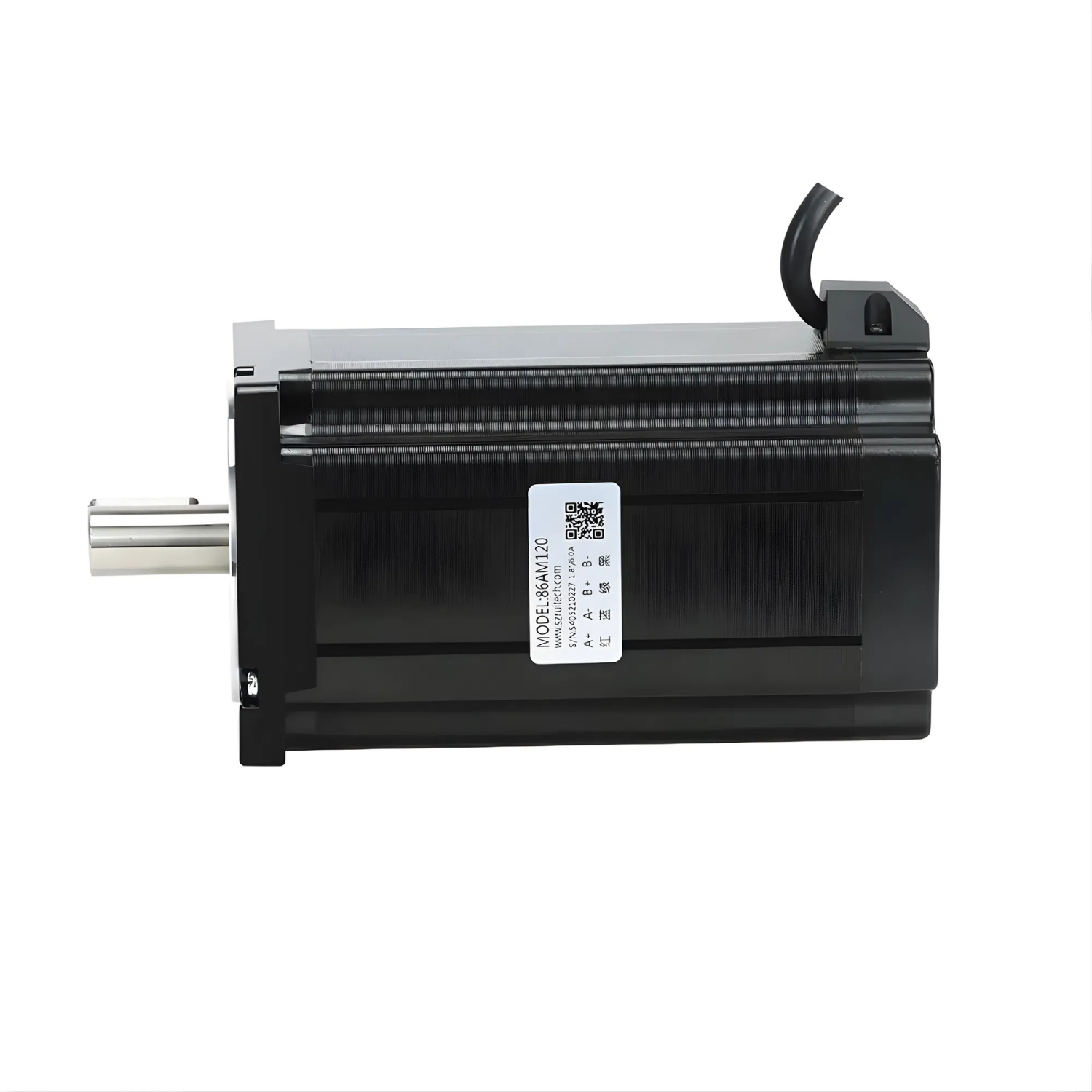 Motor de passo NEMA34 86AM120-14 com torque 12Nm, corrente de fase 6,0A, ângulo de passo 1,8°, flange 86mm, eixo 14mm, comprimento 155mm, peso 5,1kg, resistência 1,6Ω, indutância 8,3mH e proteção IP40