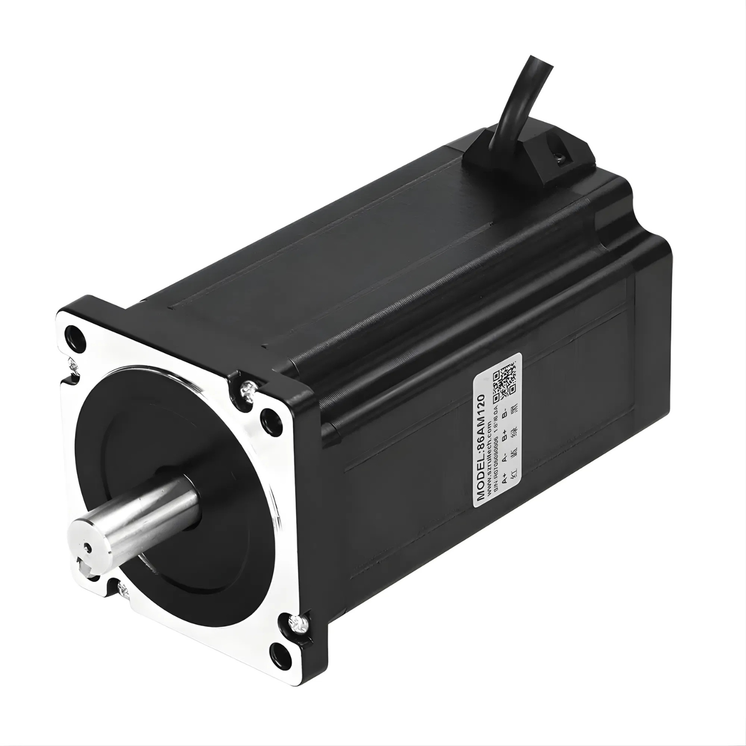 Motor de passo NEMA34 86AM120-14 com torque 12Nm, corrente de fase 6,0A, ângulo de passo 1,8°, flange 86mm, eixo 14mm, comprimento 155mm, peso 5,1kg, resistência 1,6Ω, indutância 8,3mH e proteção IP40