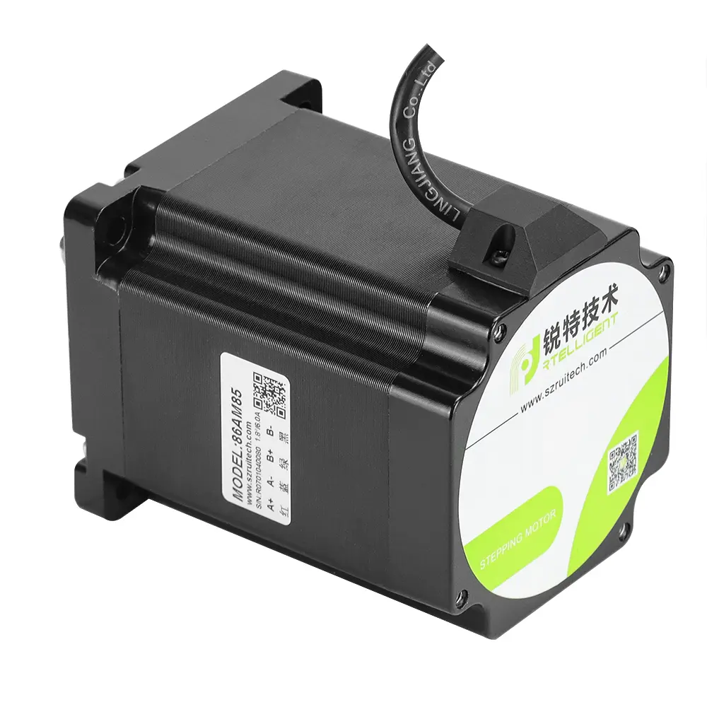 Motor de passo NEMA34 86AM65 com torque 6,5Nm, corrente de fase 6,0A, ângulo de passo 1,8°, flange 86mm, eixo 12,7mm, resistência 0,47Ω, indutância 4,18mH e proteção IP40