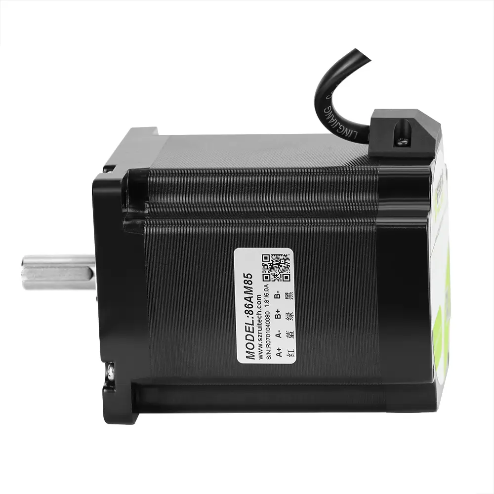 Motor de passo NEMA34 86AM65 com torque 6,5Nm, corrente de fase 6,0A, ângulo de passo 1,8°, flange 86mm, eixo 12,7mm, resistência 0,47Ω, indutância 4,18mH e proteção IP40