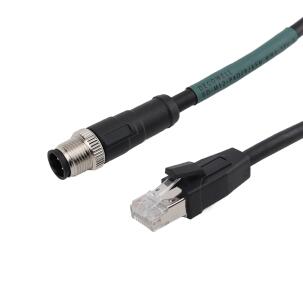 Cabo Ethernet/IP M12-P4D/RJ45M-MWA-1PV-S Decowell com conector macho reto M12 5 pinos Código D em uma extremidade e RJ45 na outra, blindagem completa, revestimento PVC, comprimento 1 metro e proteção IP67