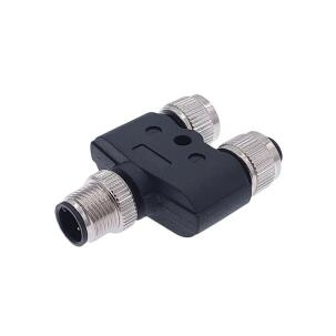 Conector divisor Y M12-P5A-SS5A-YSCNN Decowell com entrada macho reto M12 5 pinos e duas saídas fêmeas retas M12 5 pinos para expansão de IOs em automação industrial com proteção IP67