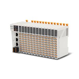 Módulo I/O digital AK840M-0808DTP Decowell com 8 entradas digitais PNP 24VDC e 8 saídas digitais PNP 0,5A, isolamento por optoacoplador, conectores push-in, dimensões 102x60x22mm e proteção IP20
