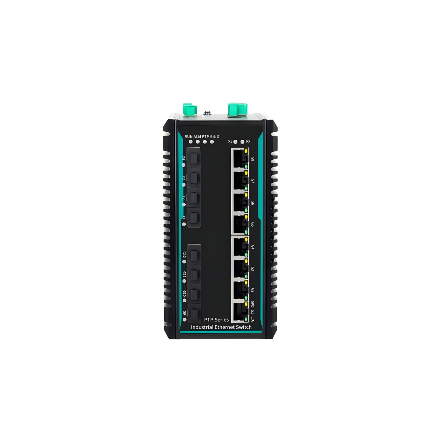 Switch Ethernet industrial gerenciável COM-ISGL3-16P-8216PTP-4XGF-8GT-DC24T Layer 3 com 8 portas RJ45 1G, 4 portas SFP+ 10G, 4 portas SFP 1G, alimentação dual DC 20-72V e montagem trilho DIN para automação industrial