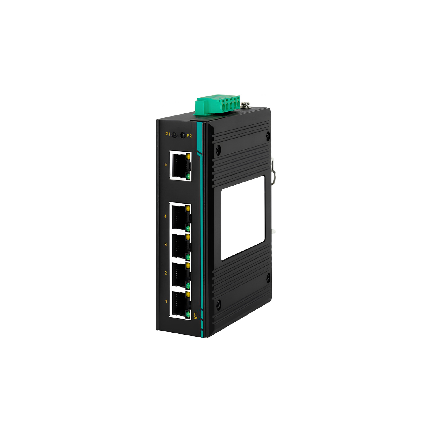Switch Ethernet industrial não gerenciável COM-ISNGL2-5P-2205 com 5 portas 10/100Mbps, instalação plug-and-play, resistência a vibrações e interferências eletromagnéticas para automação industrial e redes críticas