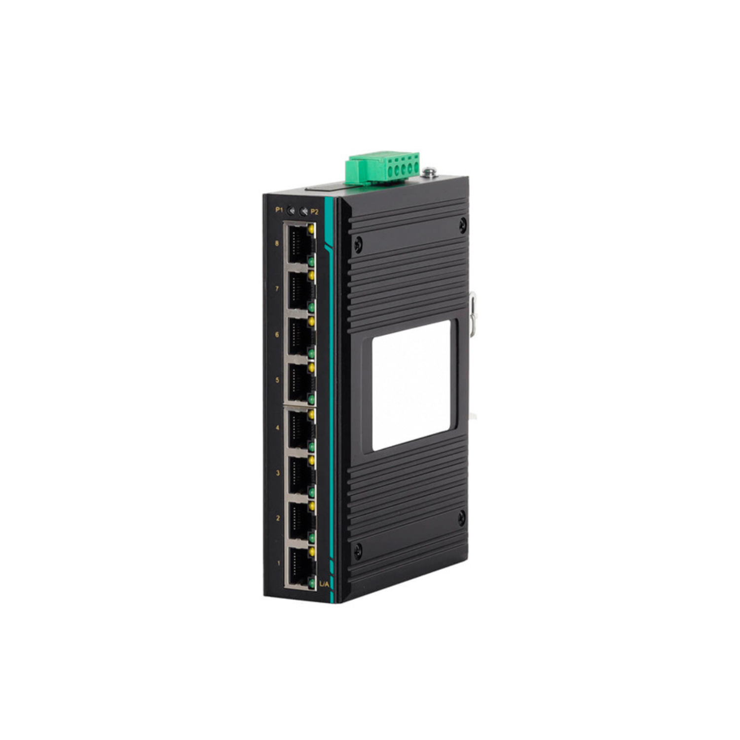 Switch Ethernet industrial não gerenciável COM-ISNGL2-8P-2208 com 8 portas 10/100TX, alimentação 12-48VDC, montagem trilho DIN, resistência a interferências eletromagnéticas e temperaturas extremas para automação industrial
