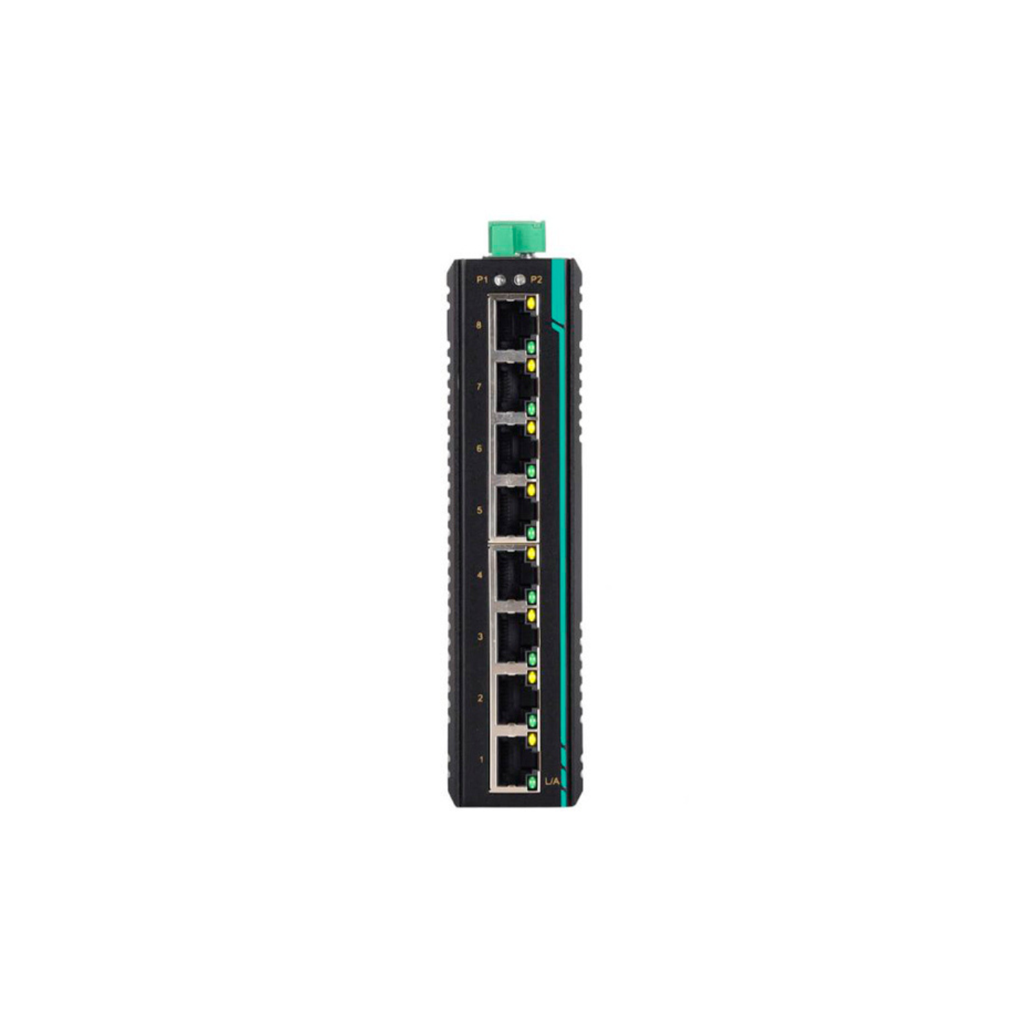 Switch Ethernet industrial não gerenciável COM-ISNGL2-8P-2208 com 8 portas 10/100TX, alimentação 12-48VDC, montagem trilho DIN, resistência a interferências eletromagnéticas e temperaturas extremas para automação industrial