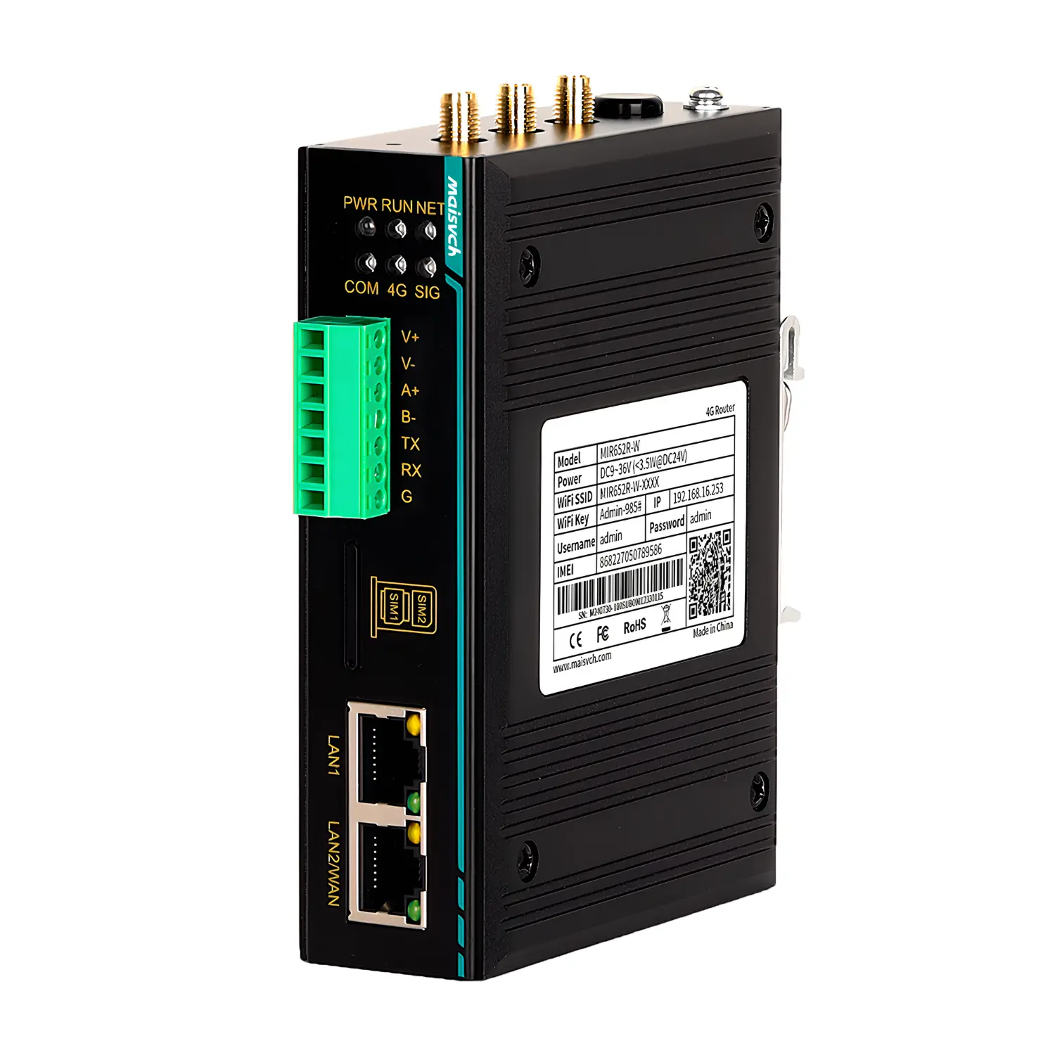 Roteador industrial COM-ROUTER-652R-W com WiFi integrado, conectividade 4G, 1 porta WAN, 1 porta LAN, 1 porta serial RS232/485, alimentação DC 9-36V e montagem trilho DIN para automação e telemetria industrial