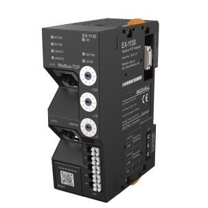 Módulo escravo Modbus/TCP EX-1130 Decowell com duas portas RJ45 100Mbps, suporte a 32 expansões, alimentação 24VDC, terminais push-in, largura 34mm e fixação em trilho DIN