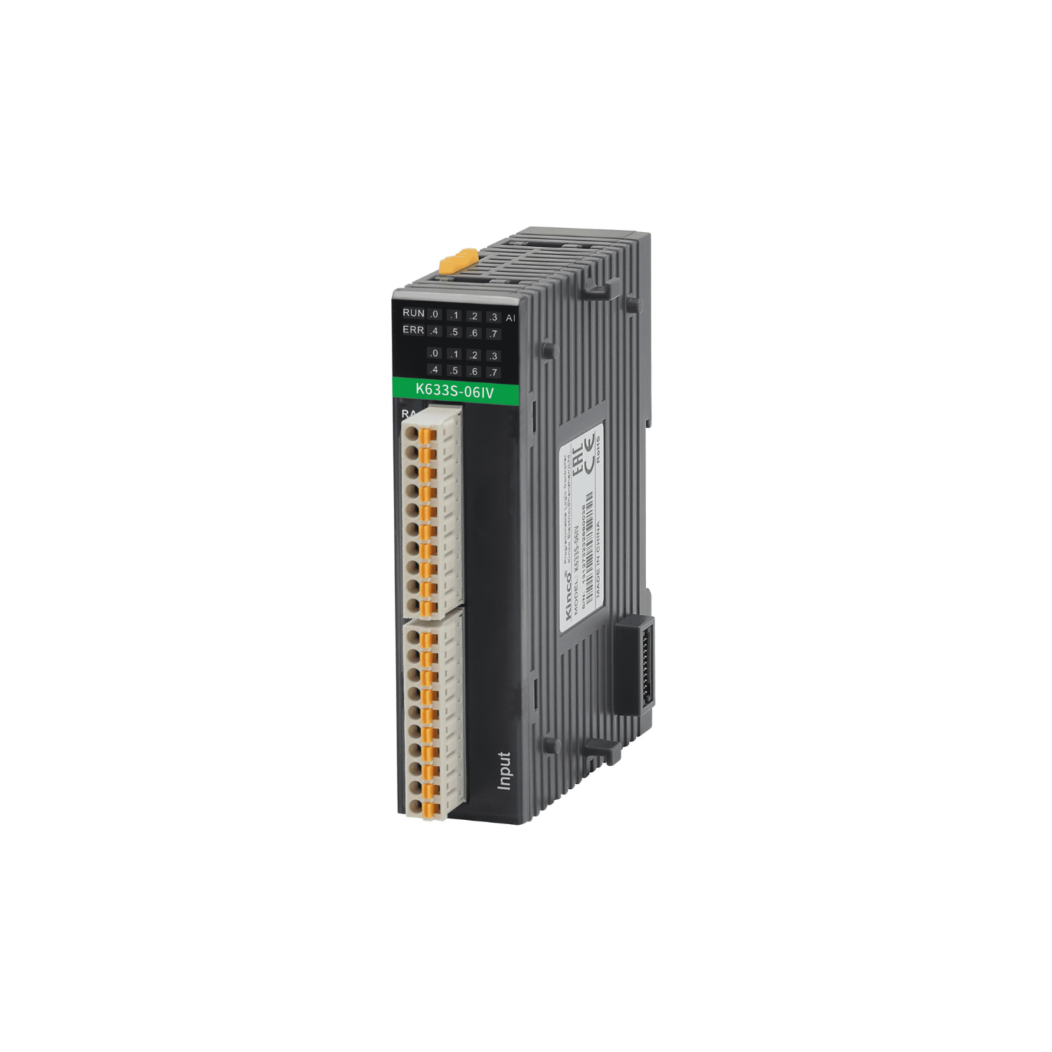 Módulo de expansão K633S-06IV Kinco com 4 entradas analógicas e 2 saídas analógicas 12 bits, sinais 1-5V, 0-10V, 4-20mA e 0-20mA, taxa 15 conversões por segundo e dimensões 27x75x106mm para automação industrial