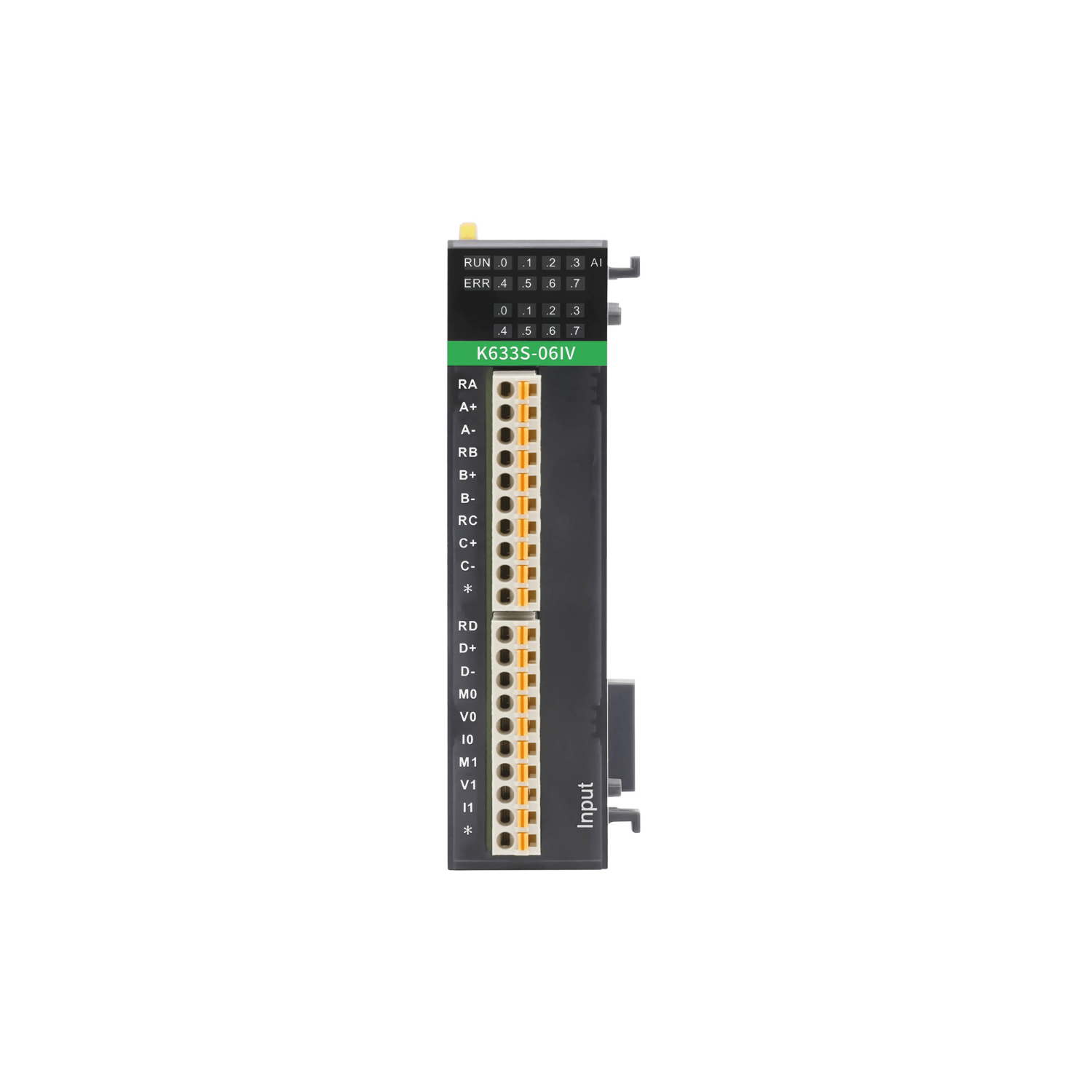 Módulo de expansão K633S-06IV Kinco com 4 entradas analógicas e 2 saídas analógicas 12 bits, sinais 1-5V, 0-10V, 4-20mA e 0-20mA, taxa 15 conversões por segundo e dimensões 27x75x106mm para automação industrial