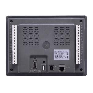 IHM com CLP integrado MK070E-32DX com tela TFT 7 polegadas, resolução 800x480px, 256K cores, 16 entradas digitais 24V, 4 saídas transistor, 12 saídas a relé, saídas rápidas 50kHz, duas portas RS485 e alimentação 24VDC