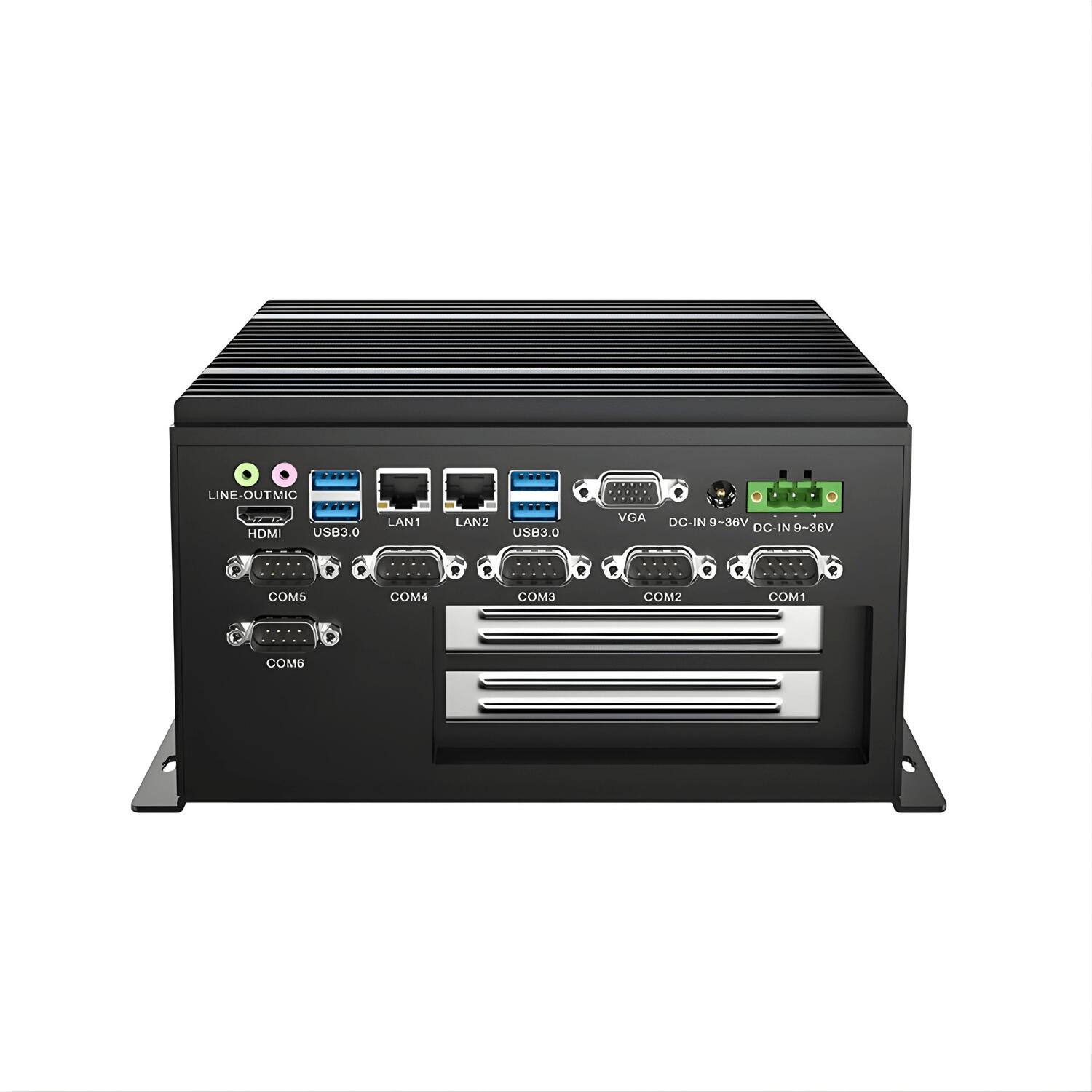 Box PC industrial fanless WEBS-7102-8565UA com processador Intel Core i7-8565U 8ª geração, 8GB RAM, SSD 120GB, 6x portas COM, 2x RJ45, HDMI, VGA, 2x slots PCIe e alimentação 9-36V