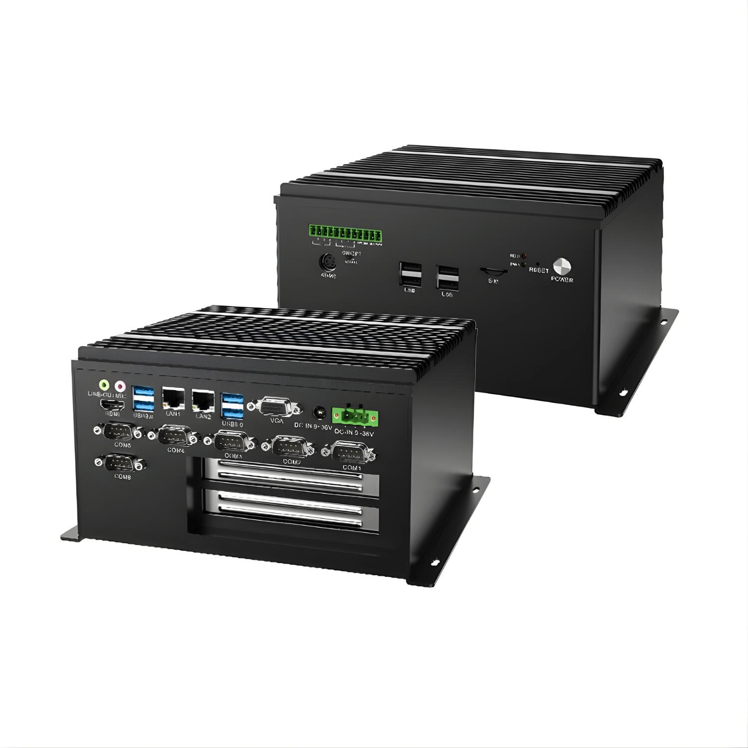 Box PC industrial fanless WEBS-7102-8565UA com processador Intel Core i7-8565U 8ª geração, 8GB RAM, SSD 120GB, 6x portas COM, 2x RJ45, HDMI, VGA, 2x slots PCIe e alimentação 9-36V