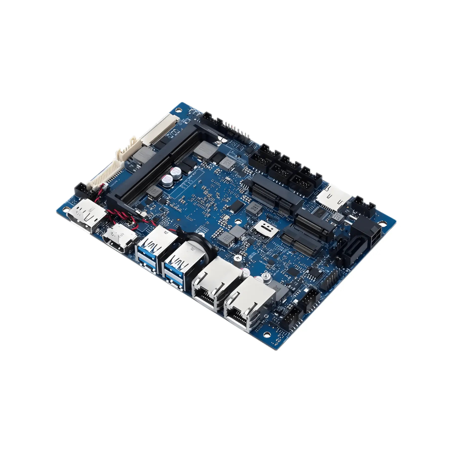 Single Board Computer E395S-IM-AA com processador Intel Apollo Lake X5-E3950 Quad-Core 3,5GHz, suporte DDR3L 1866MHz até 8GB, dual LAN Gigabit, slot Mini PCIe, saídas DisplayPort e HDMI e alimentação 12-24VDC para sistemas embarcados industriais