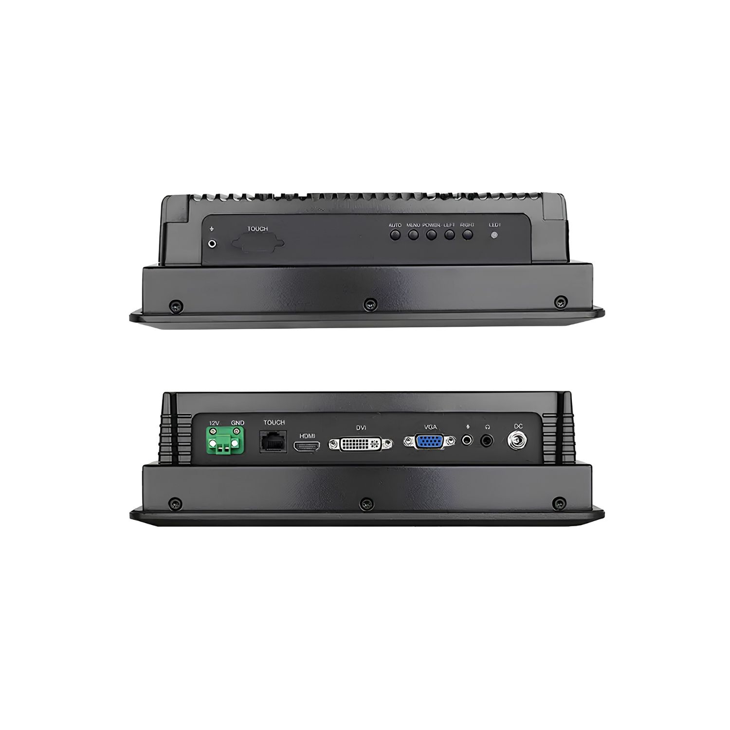 Monitor industrial VIEW-SL08 de 8 polegadas em alumínio com proteção IP65, resolução 1024x768, entradas HDMI DVI e VGA, alimentação DC 12V, montagem em painel parede ou suporte VESA para automação e controle industrial