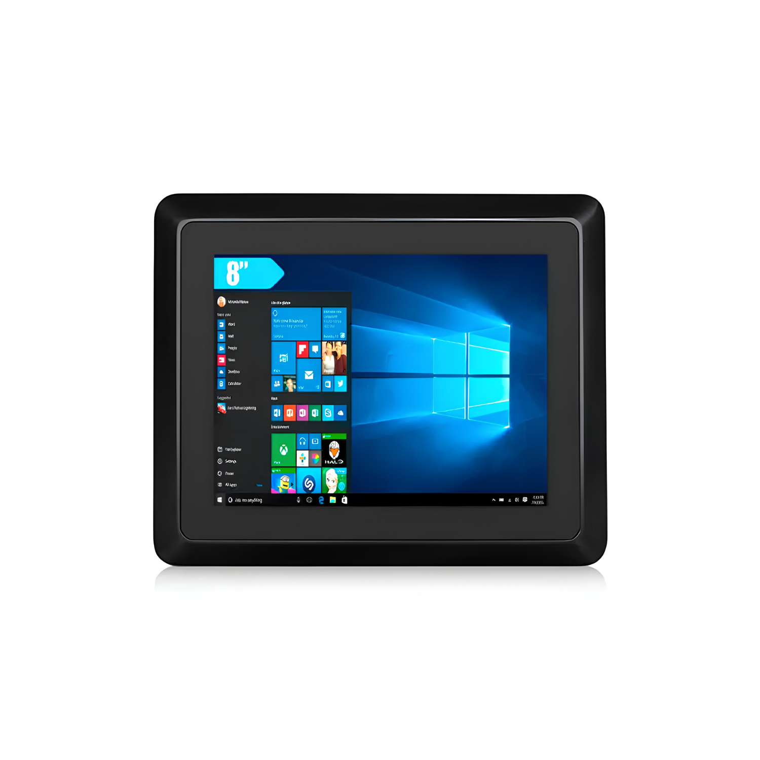 Monitor industrial VIEW-SL08 de 8 polegadas em alumínio com proteção IP65, resolução 1024x768, entradas HDMI DVI e VGA, alimentação DC 12V, montagem em painel parede ou suporte VESA para automação e controle industrial