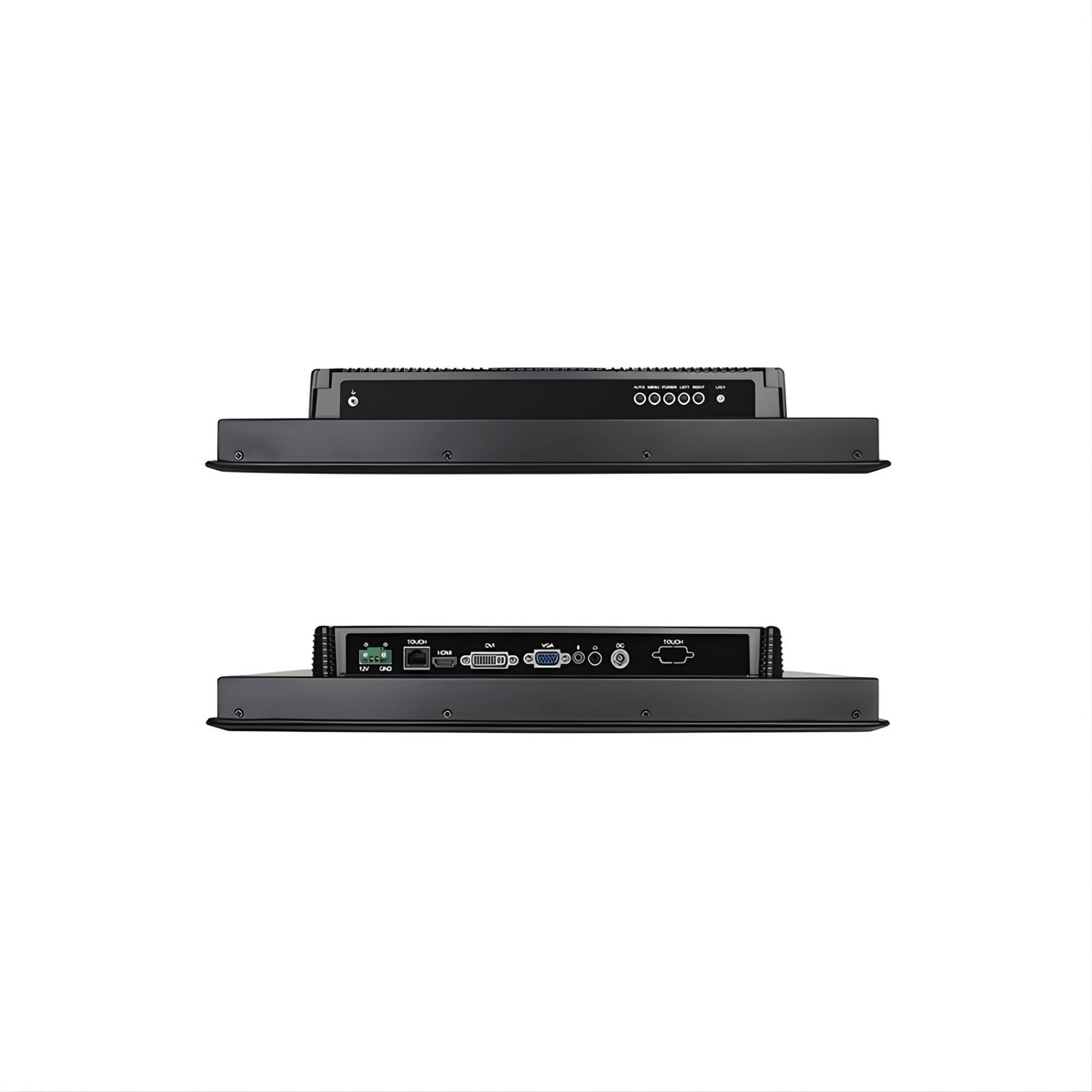 Monitor industrial VIEW-SL156CT de 15,6 polegadas com touch capacitivo, estrutura em alumínio, proteção IP65, resolução Full HD 1920x1080, entradas HDMI DVI e VGA, alimentação DC 12V e montagem em painel parede ou VESA