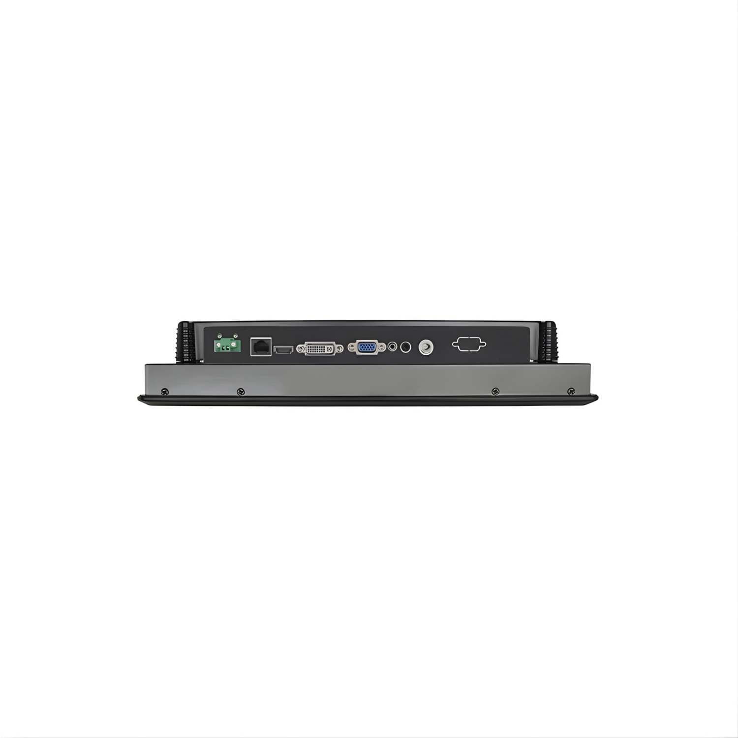 Monitor industrial VIEW-SL156CT de 15,6 polegadas com touch capacitivo, estrutura em alumínio, proteção IP65, resolução Full HD 1920x1080, entradas HDMI DVI e VGA, alimentação DC 12V e montagem em painel parede ou VESA
