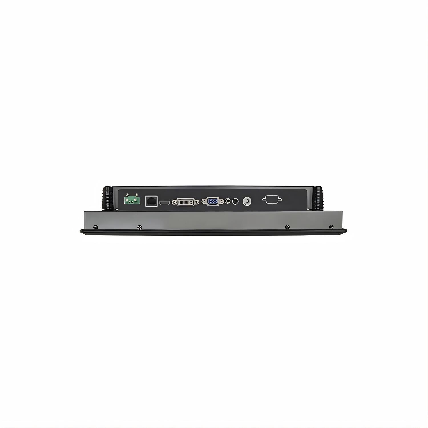 Monitor industrial VIEW-SL15RT de 15 polegadas com touch resistivo, estrutura em alumínio, proteção IP65, resolução 1024x768, entradas HDMI DVI e VGA e montagem em painel parede ou suporte VESA para automação industrial