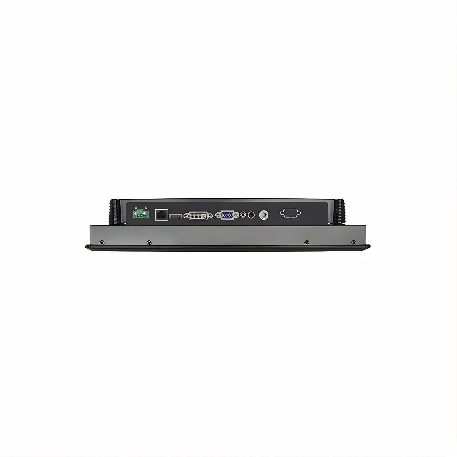 Monitor industrial VIEW-SL15RT de 15 polegadas com touch resistivo, estrutura em alumínio, proteção IP65, resolução 1024x768, entradas HDMI DVI e VGA e montagem em painel parede ou suporte VESA para automação industrial
