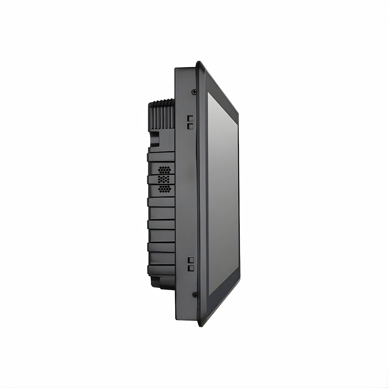 Monitor industrial VIEW-SL15RT de 15 polegadas com touch resistivo, estrutura em alumínio, proteção IP65, resolução 1024x768, entradas HDMI DVI e VGA e montagem em painel parede ou suporte VESA para automação industrial
