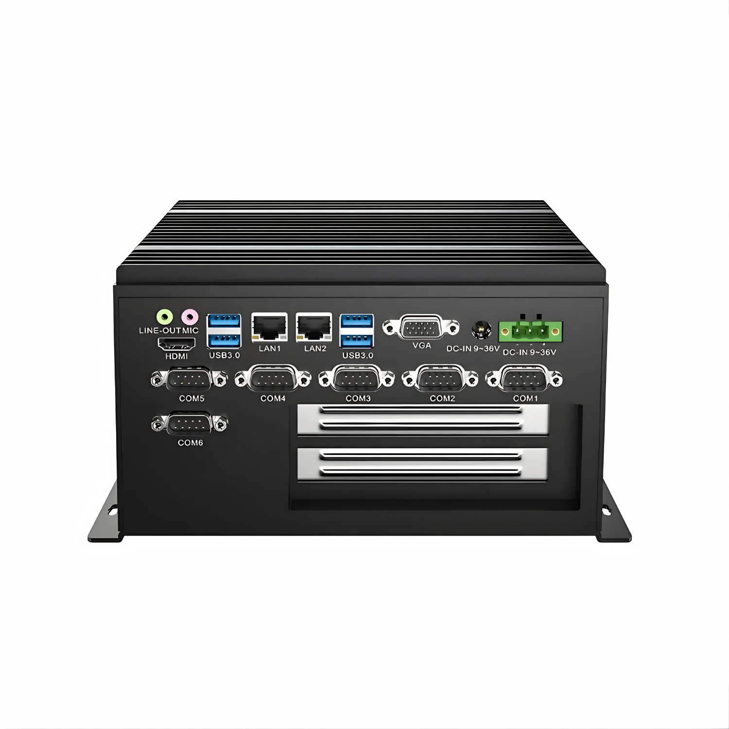 Box PC fanless WEBS-7102-6360UA com processador Intel Core i5-6360U, 8GB RAM, SSD 128GB, 6 portas COM, 2 portas RJ45, HDMI, VGA, 2 slots PCIe e alimentação 9-36VDC para automação industrial