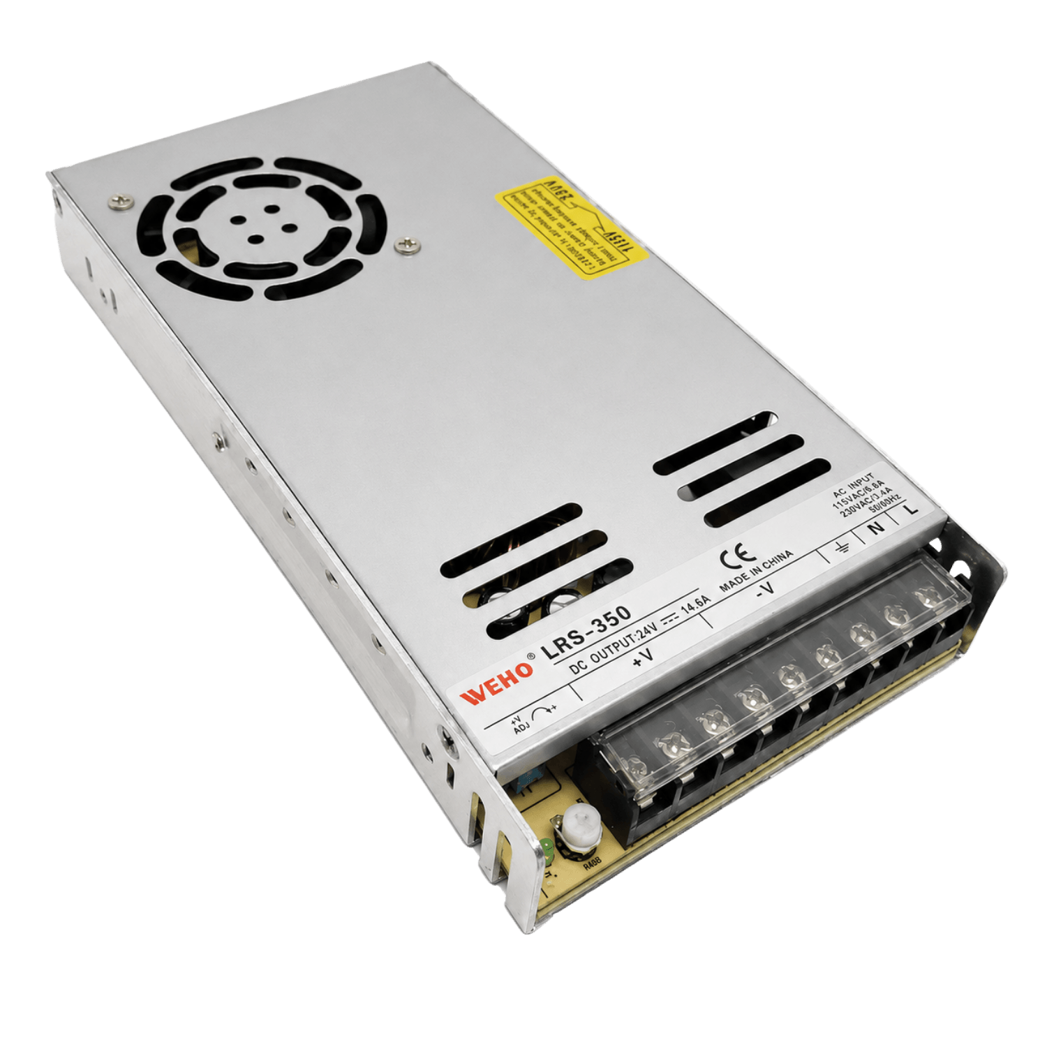 Fonte chaveada industrial WEHO WH-RS350W24, referência LRS-350-24, com saída 24VDC 14,6A, potência 350W, entrada 90–132VAC ou 180–264VAC selecionável por chave, entrada DC 254–370VDC, caixa metálica ventilada, ventoinha integrada com controle automático e proteções integradas para automação industrial e painéis elétricos.