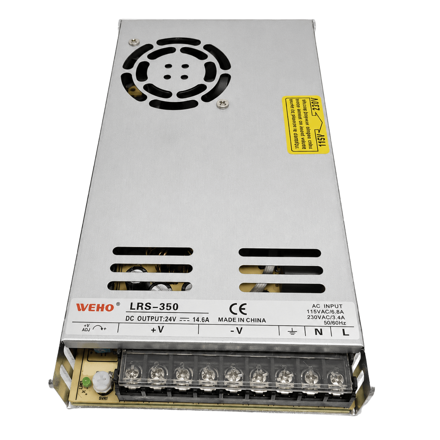 Fonte chaveada industrial WEHO WH-RS350W24, referência LRS-350-24, com saída 24VDC 14,6A, potência 350W, entrada 90–132VAC ou 180–264VAC selecionável por chave, entrada DC 254–370VDC, caixa metálica ventilada, ventoinha integrada com controle automático e proteções integradas para automação industrial e painéis elétricos.
