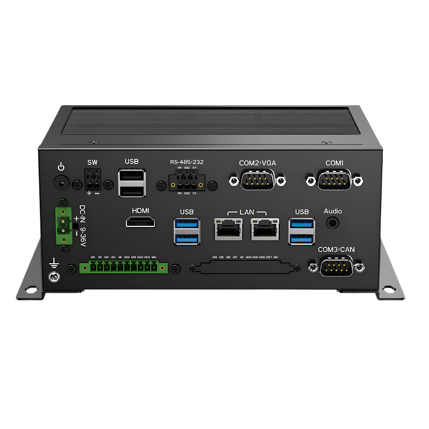 Box PC Industrial Fanless WEBS-3400, código WEBS-3400-10110UAW10I, com Intel Core i3-10110U, 8GB DDR4 SO-DIMM, SSD 240GB, Windows 10 IoT, 5 portas COM, 8 DIO opto-isolados, 2 RJ45 LAN, 6 USB, HDMI, entrada DC 9–36V e montagem em trilho DIN.
