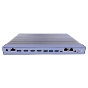 Box PC Industrial Fanless WEBS-SX20G, baseado na plataforma Maxtang SXRL-20, com Intel Core i5-1235U, 16GB DDR4, SSD 500GB, 4 saídas HDMI, Dual LAN até 2.5GbE, 1 COM RS232 via RJ45 console, USB 3.2, USB 2.0, USB-C, expansão M.2 e alimentação 19V DC.