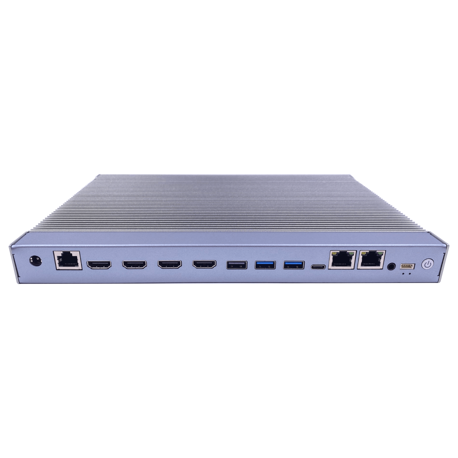Box PC Industrial Fanless WEBS-SX20G, baseado na plataforma Maxtang SXRL-20, com Intel Core i5-1235U, 16GB DDR4, SSD 500GB, 4 saídas HDMI, Dual LAN até 2.5GbE, 1 COM RS232 via RJ45 console, USB 3.2, USB 2.0, USB-C, expansão M.2 e alimentação 19V DC.