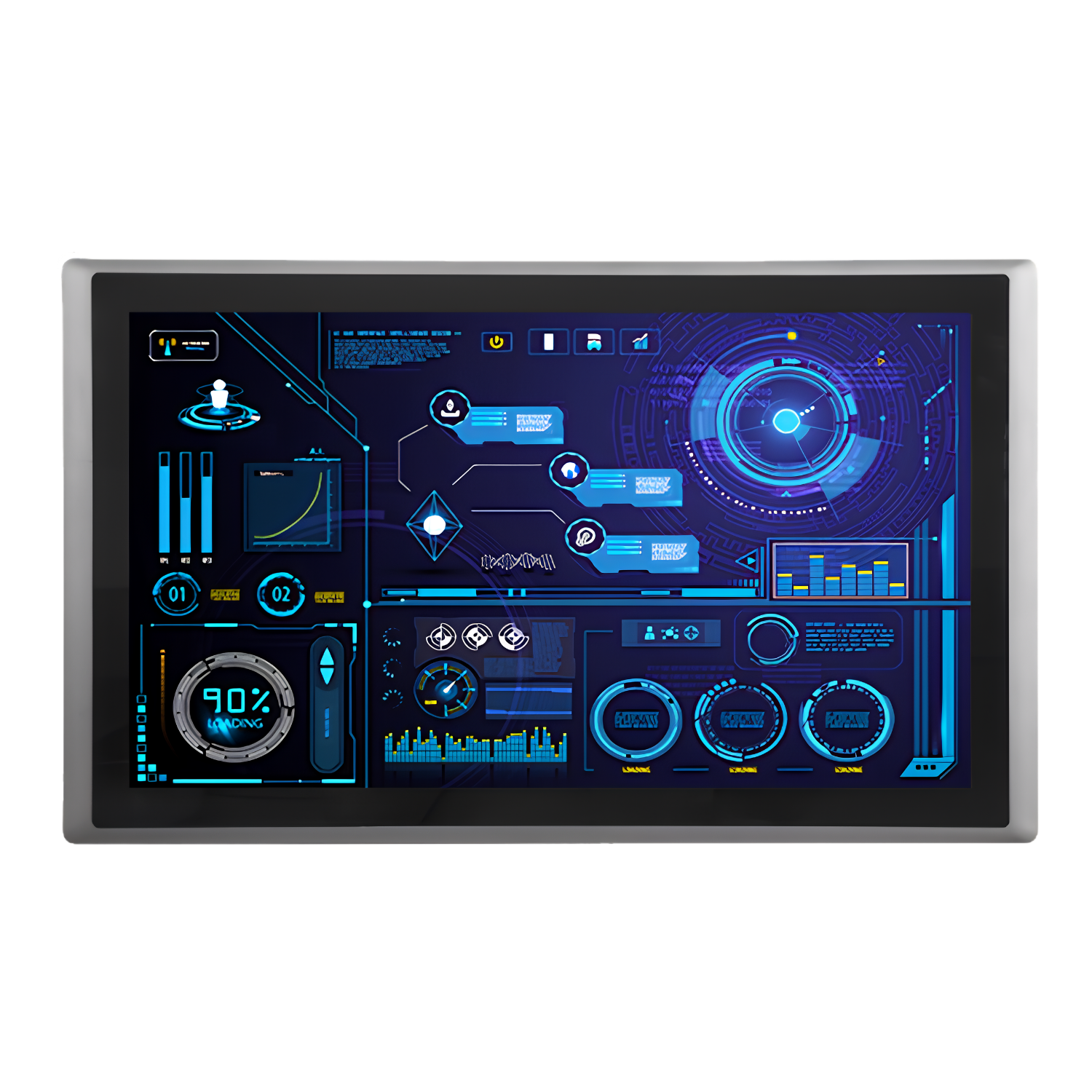 Painel PC Industrial Fanless CINCO-121R-P2202-I7H com tela 21,5” touch resistivo, proteção frontal IP65, SSD 1TB, interfaces COM, RJ45 e USB para automação industrial.